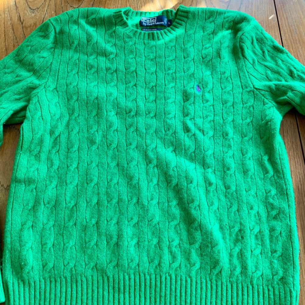 Polo Ralph Lauren Wool Size L Green Cable Knit Sweater